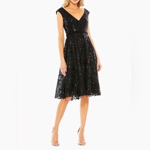 Mac Duggal SEQUINED V NECK CAP SLEEVE DRESS, Black, 68012